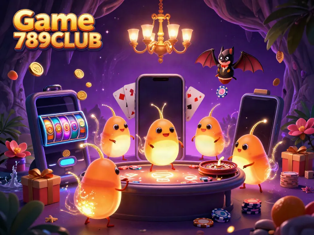 Experience the thrill of Game 789CLUB with vibrant glowworms illuminating a cave casino environment.