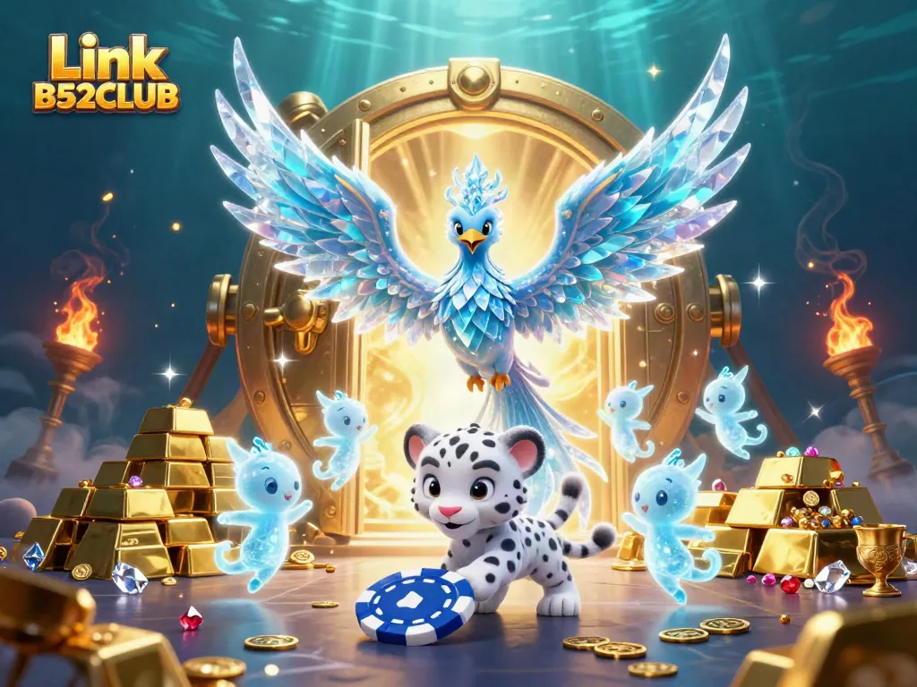 Link B52CLUB dazzles with an ice phoenix and glowing sprites amidst golden treasure and casino elements.