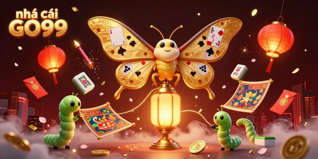Experience the vibrant world of Nhà cái GO99 with golden moth and casino-themed decorations.