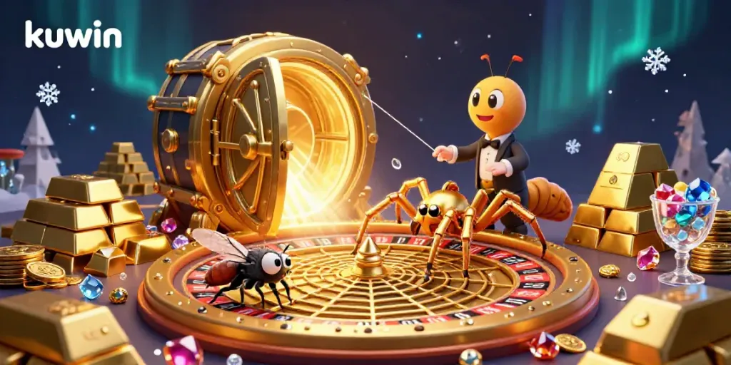 Kuwin gaming illustration showcasing an animated spider and croupier amidst a vibrant casino scene of treasure and excitement.