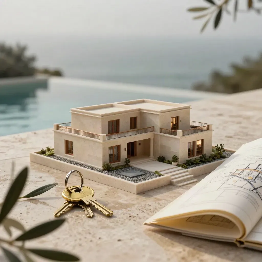 Yağmur sonrası taş terasta villa maketi, anahtar halkası, plan dosyası ve zeytin dalı.