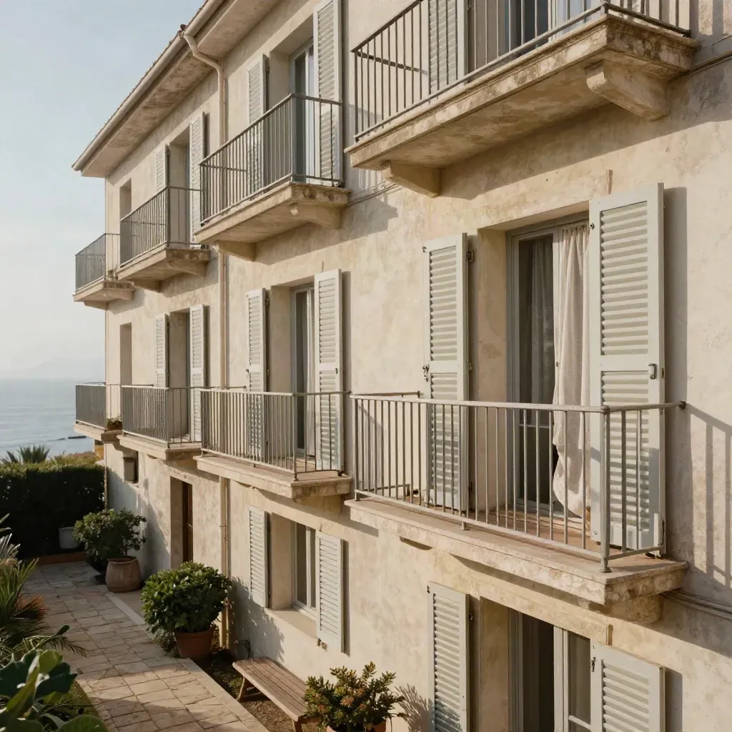 Lara’da denize yakın, balkonlu aile apartman cephesi ve altındaki korunaklı ortak bahçe.