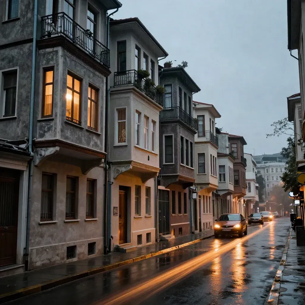 Yağmur sonrası Kadıköy’de balkon ritimli apartman cephesi, ıslak asfalt yansımalarıyla akşam ışığında