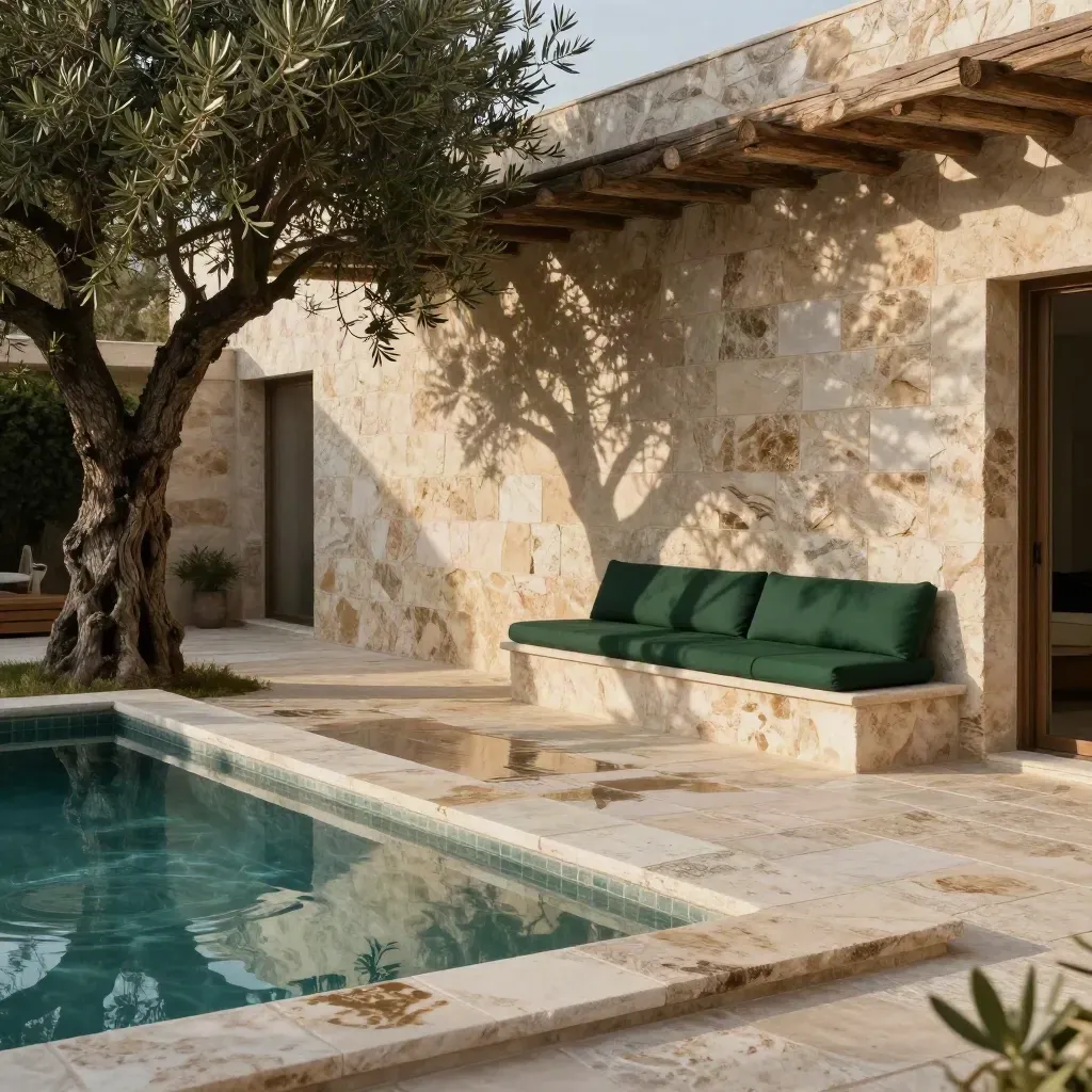 Bodrum taş villa avlusunda zeytin ağacı, ahşap pergola ve dalgalanan yansıtmalı havuz.