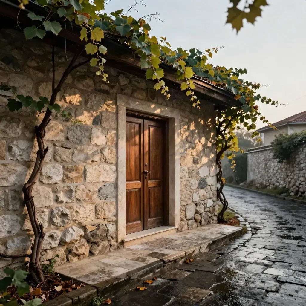 Yağmur sonrası Muğla taş evi cephesi, sarmaşıklar ve dar sokak; akşamüstü ışığı.