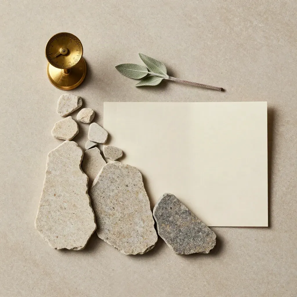 Taş numuneleri, pirinç ağırlık ve krem kartla düzenli bir flatlay.