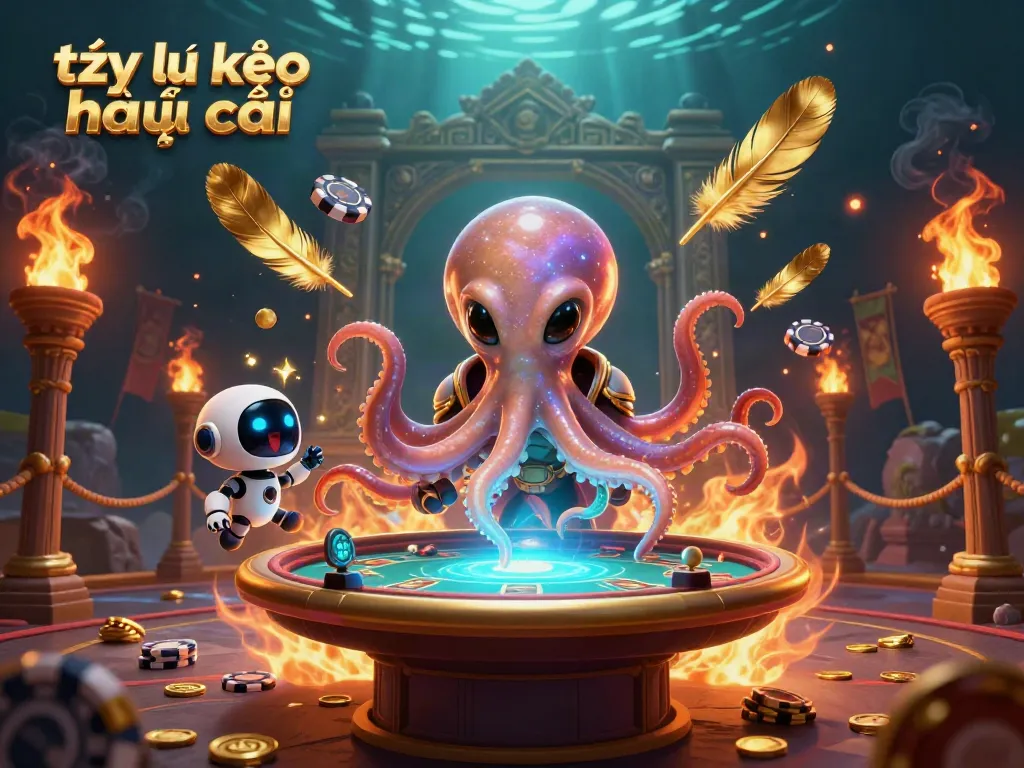 Betting on tỷ lệ kèo nhà cái with a vibrant scene featuring a cartoon octopus and robot at a holographic poker table.