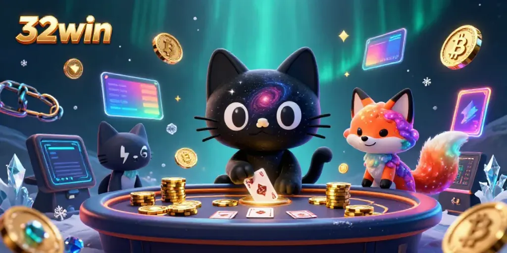 Engage in 32win casino excitement with an enchanting cosmic scene featuring vibrant characters and digital elements.