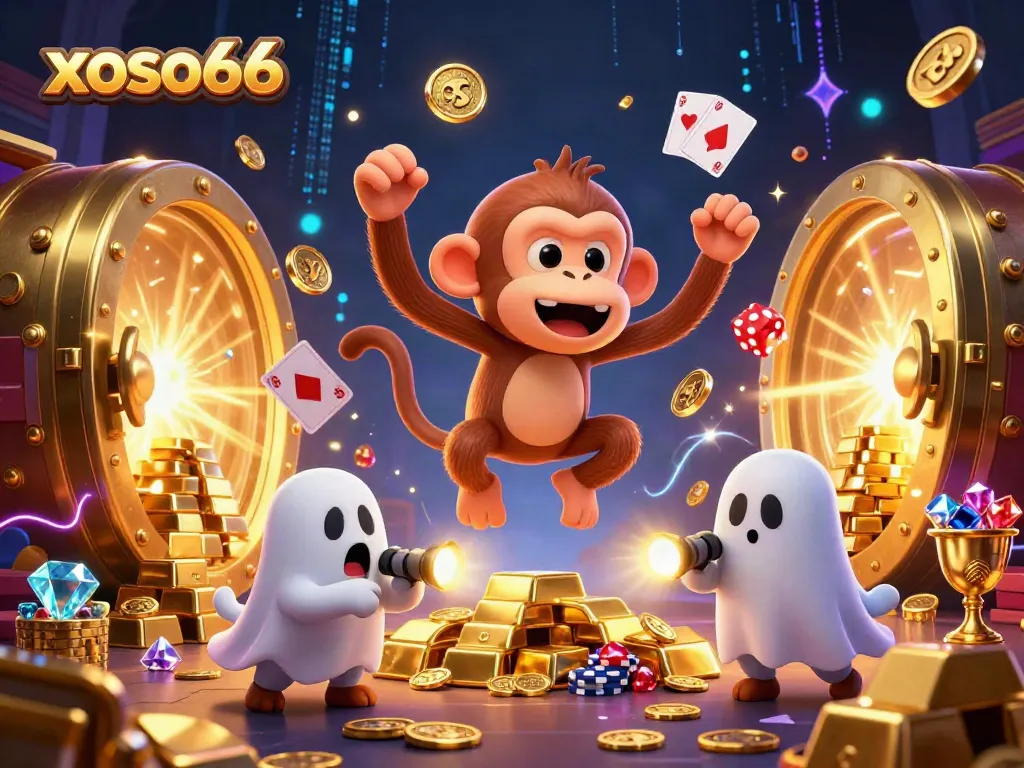 Experience the thrilling magic of xoso66 with a ghostly puppy tracking a mischievous monkey juggling golden treasures in a haunted casino.