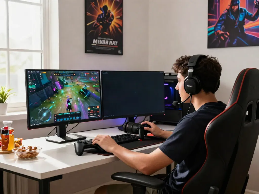Gamer enjoying an immersive experience on https://man88.hair/ with vibrant setup and gameplay.