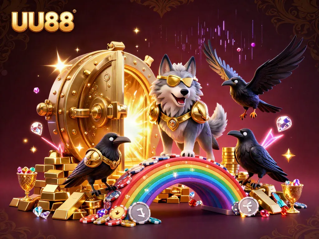 Experience the thrill of UU88 with a vibrant scene featuring a Norse wolf and its ravens amid overflowing treasures.