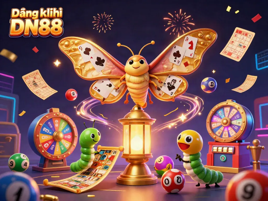 Engage in Đăng ký DN88 with a vibrant 3D casino-themed illustration showcasing a lively moth amidst lottery elements and gold.