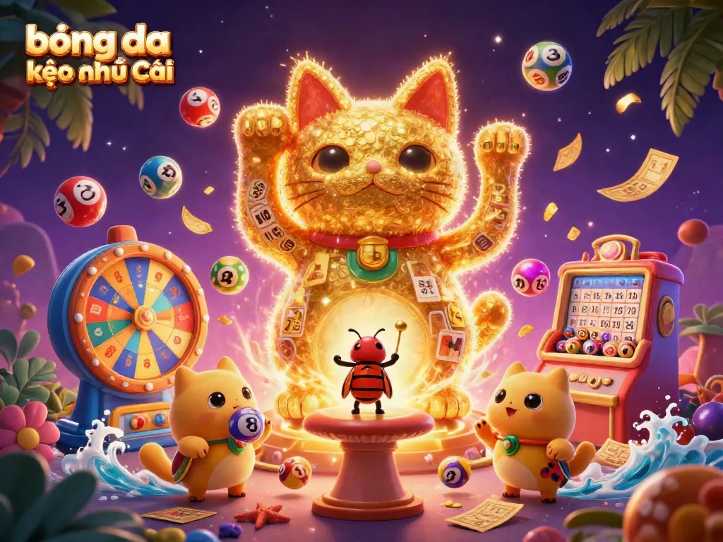Experience the excitement of bóng đá kèo nhà cái with a vibrant 3D golden cat and dynamic lottery elements.