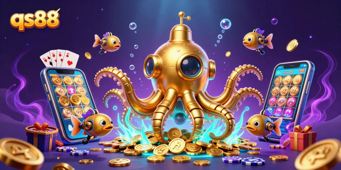 Experience the thrill of winning big with qs88 at a vibrant underwater casino scene featuring a golden kraken.