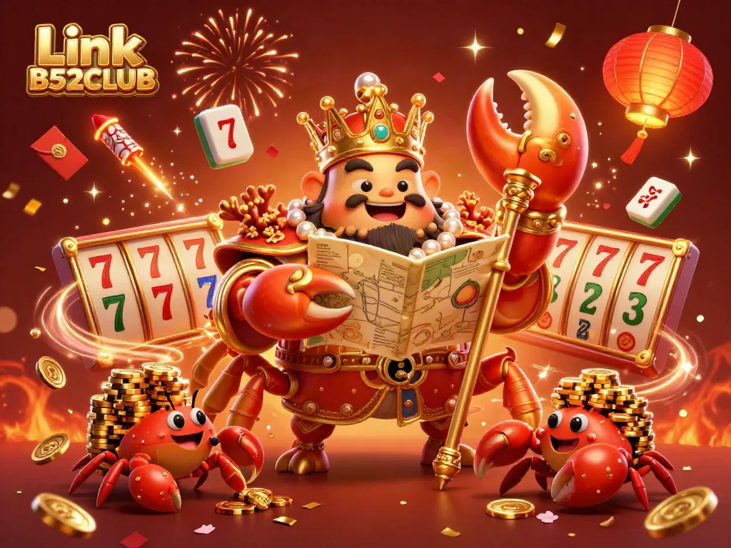 Experience excitement at Link B52CLUB with a massive crab emperor revealing treasures in a vibrant casino scene.