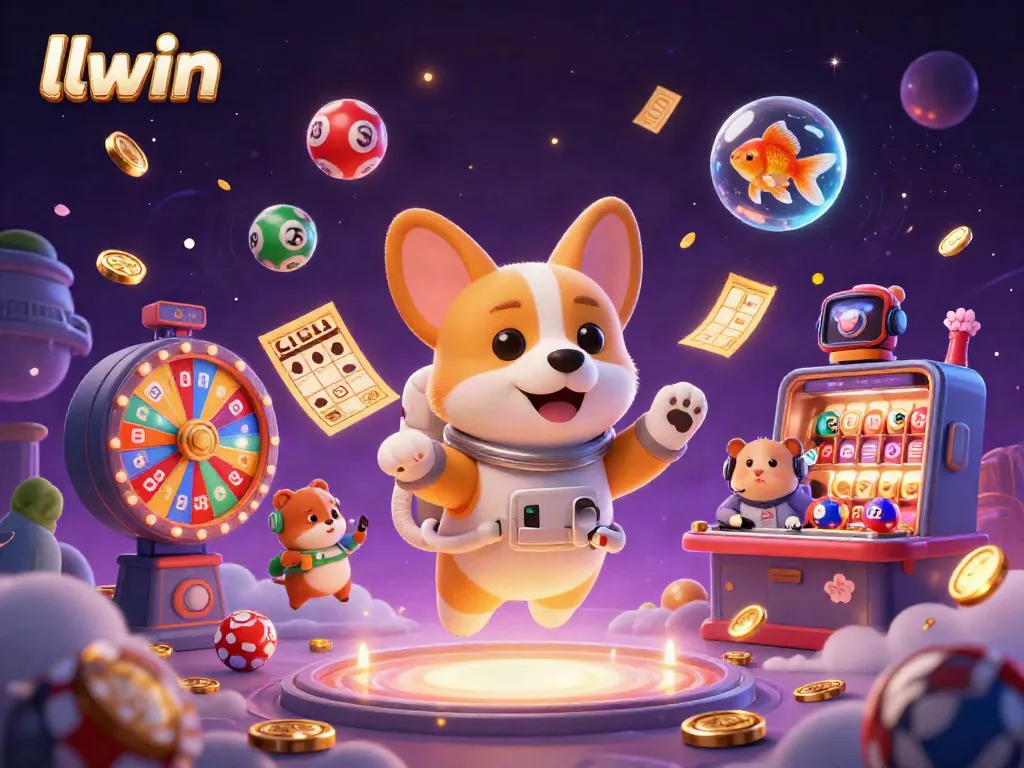 Engage with llwin as a corgi astronaut enjoys a vibrant space casino experience amidst floating gaming elements.