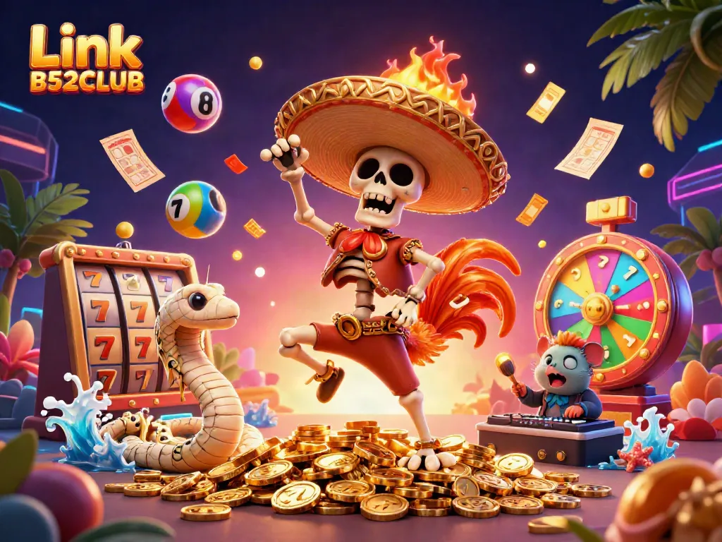 Engaging dynamic scene with 3D characters celebrating at Link B52CLUB amidst gambling elements like slot reels and lottery balls.