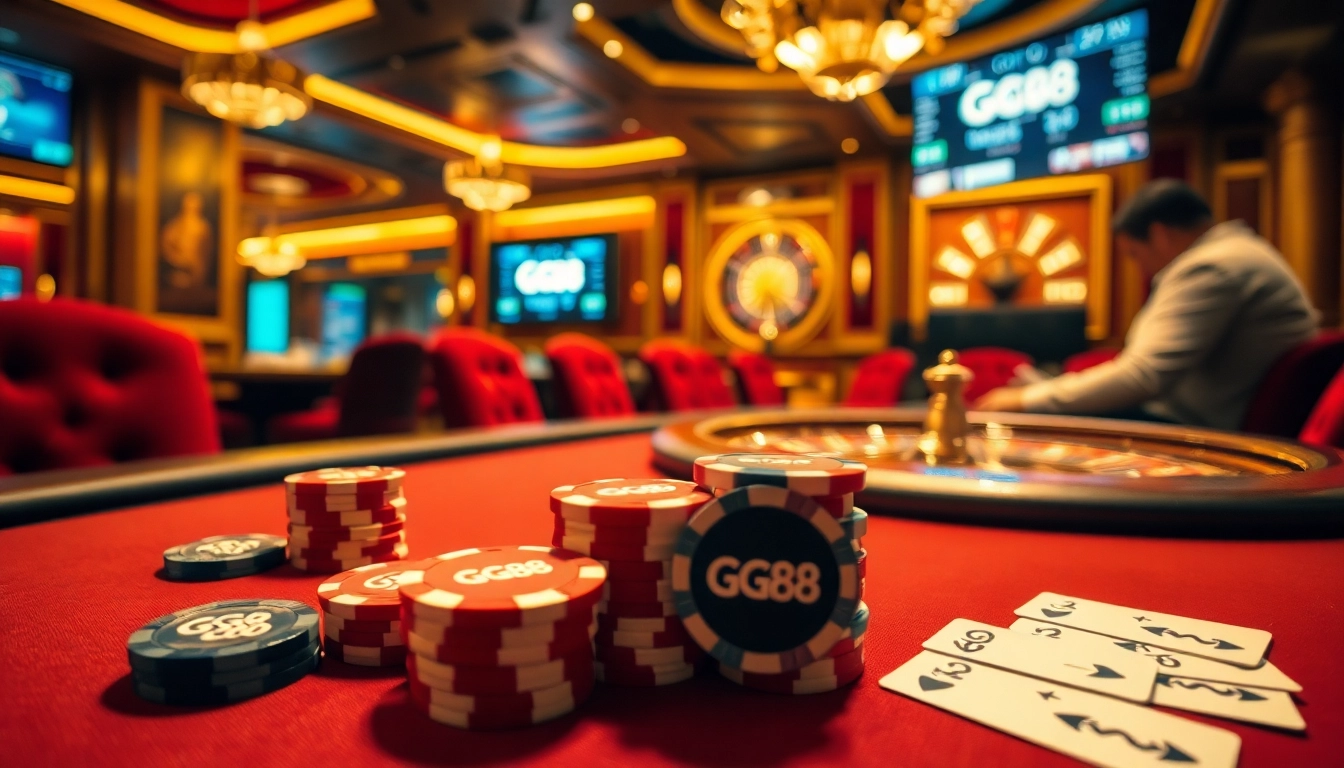 Experience thrilling gameplay at GG88's vibrant casino with poker chips and roulette action.