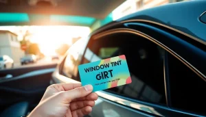 Present a window tint gift card amid a professional vehicle interior and tinted windows.