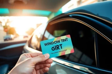 Present a window tint gift card amid a professional vehicle interior and tinted windows.
