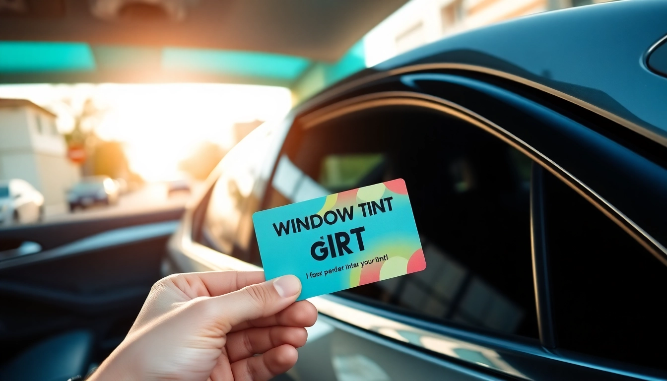 Present a window tint gift card amid a professional vehicle interior and tinted windows.