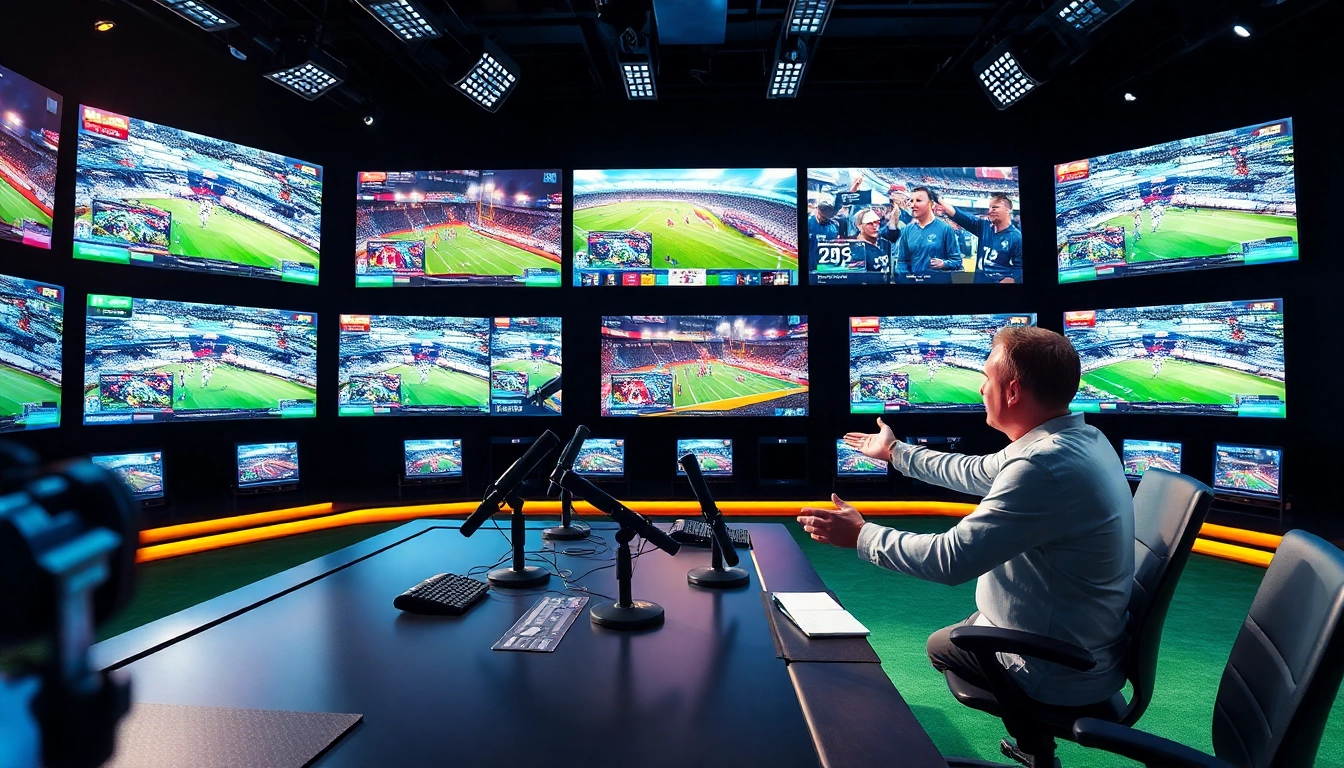 Engaging sports broadcasting scene with dynamic visuals and a professional setup.