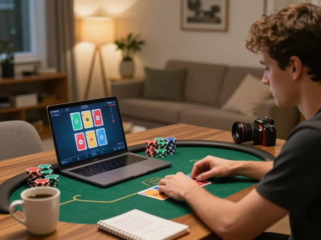 Engaged player enjoying an online poker game on 79KING from the comfort of home, chips stacked on table.