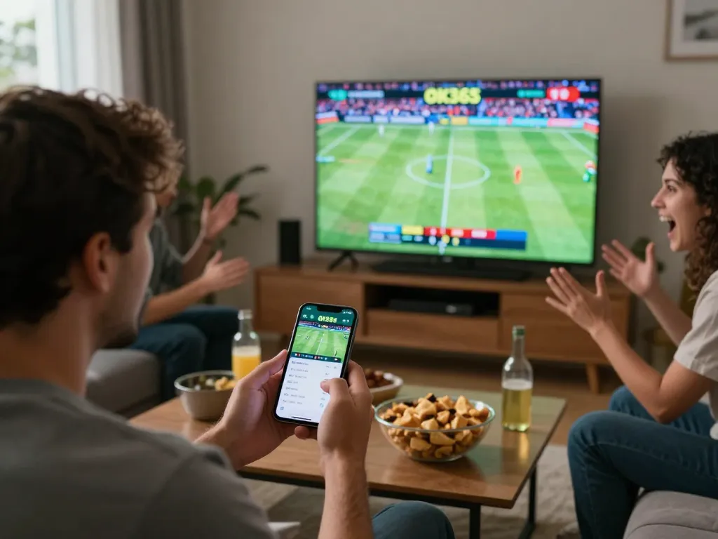 Man placing a bet using OK365 app while enjoying a sports game with friends