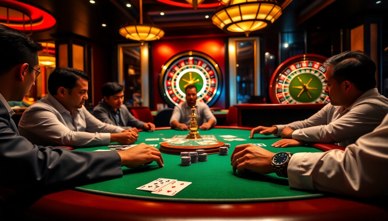 This image showcases an intense poker game at a luxurious casino table, capturing the thrill of https://gg88.black/ online gambling.