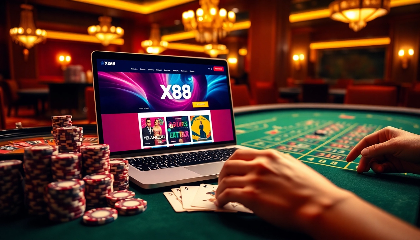 Players enjoying a thrilling game at XX88 online casino with vibrant graphics and poker chips.