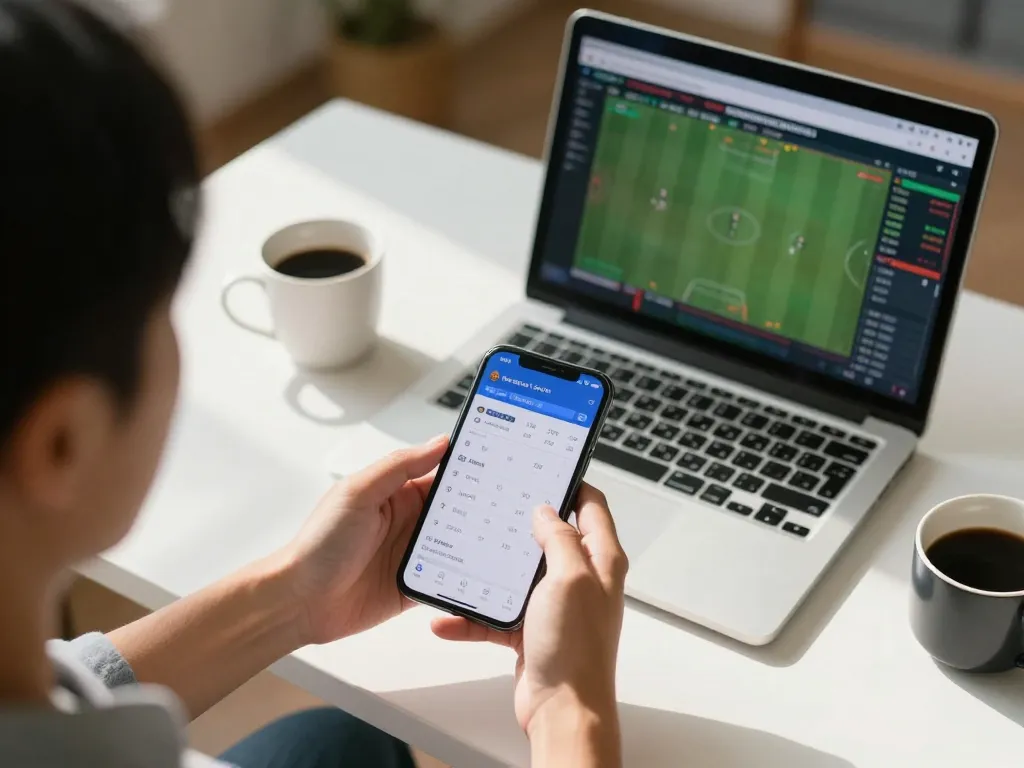 Person checking kèo nhà cái trực tiếp on smartphone during exciting online sports betting session