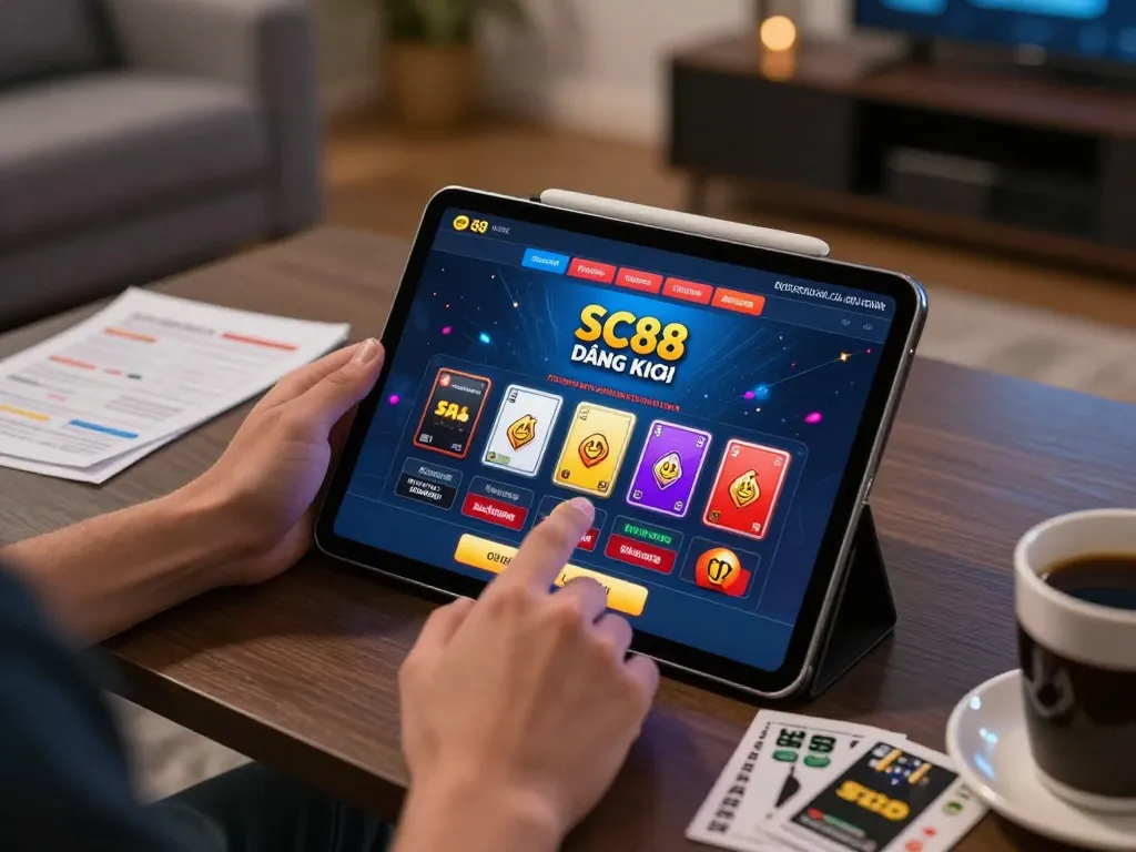 Engaging scene of a player making SC88 đăng ký using a tablet in a cozy home, showcasing online casino excitement.