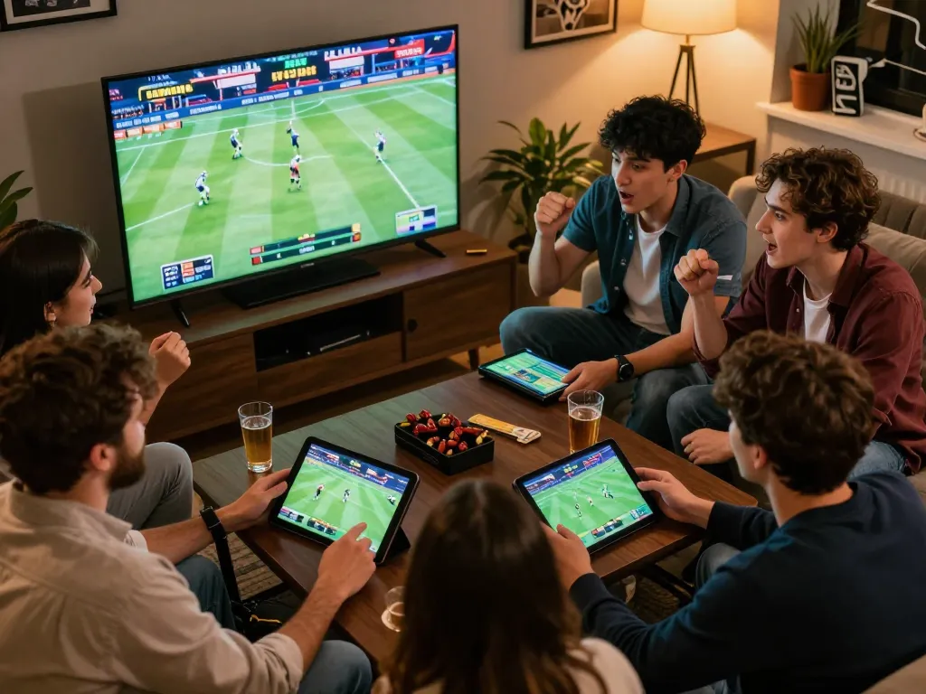 Friends engaging in sports betting with va88 app open, excitement during live game
