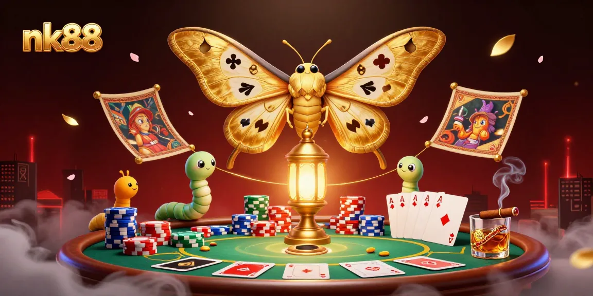 Experience thrilling gameplay at nk88 with a dazzling scene featuring a majestic moth and vibrant casino elements.