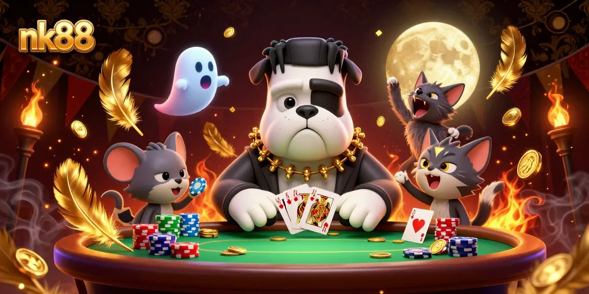 Engaging nk88 casino scene with a bulldog dealer, ghost mouse, and werewolf kitten at the poker table.