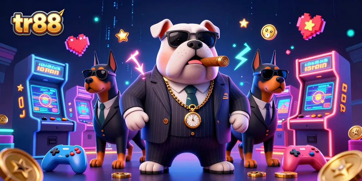 Engage with tr88 in an action-packed casino scene featuring a mafia boss and dynamic gaming elements.