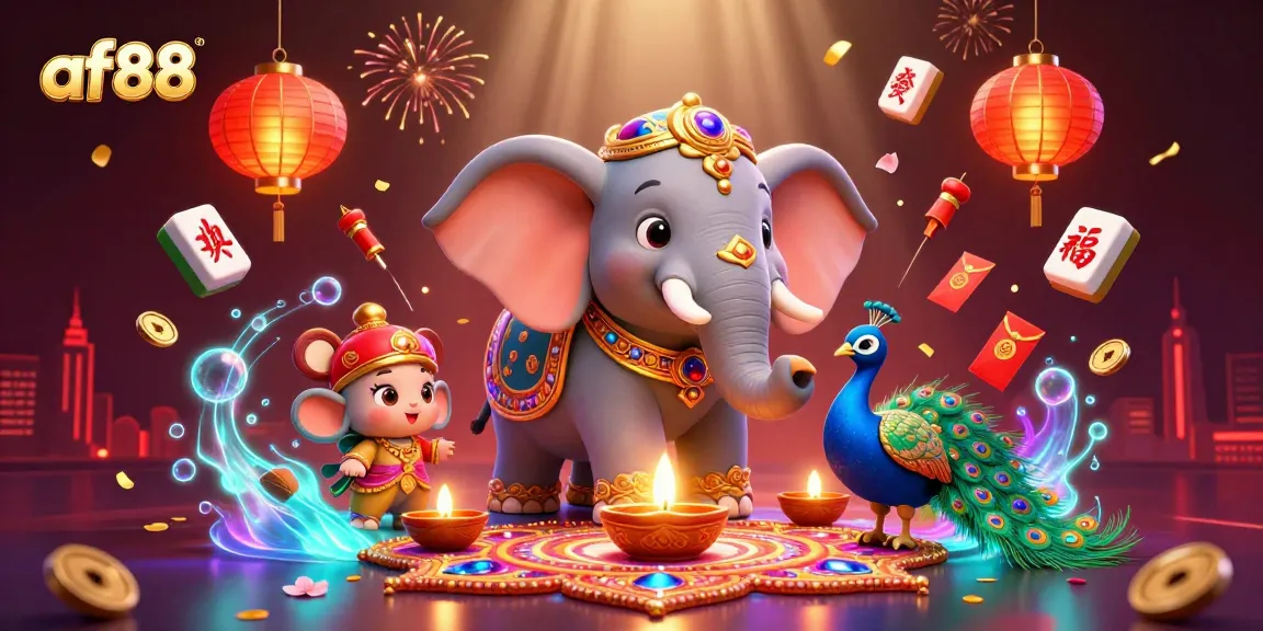 Experience a vibrant celebration of luck with af88, featuring a colorful casino scene with festive elements and rich details.