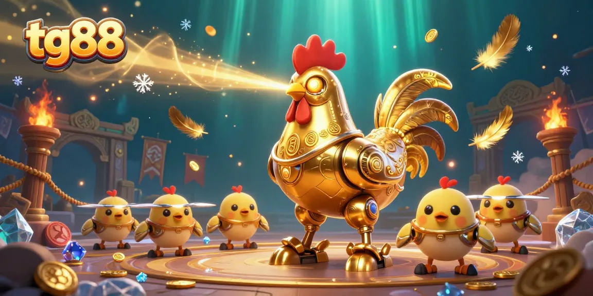 Engage in thrilling gaming moments with tg88’s lively 3D cartoon scene featuring a golden rooster robot.