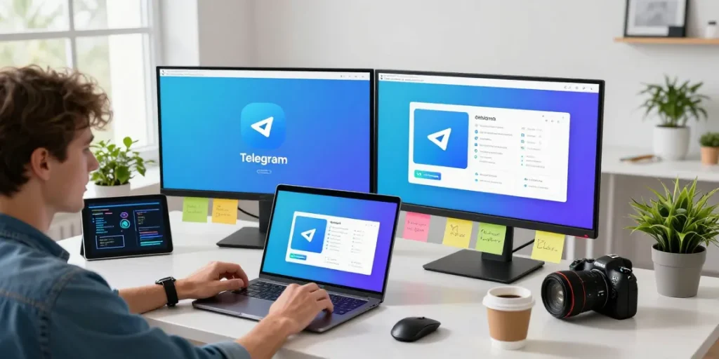 Enthusiast using Telegram download on a modern tech workspace with vibrant interface.