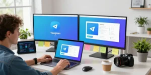 Enthusiast using Telegram download on a modern tech workspace with vibrant interface.