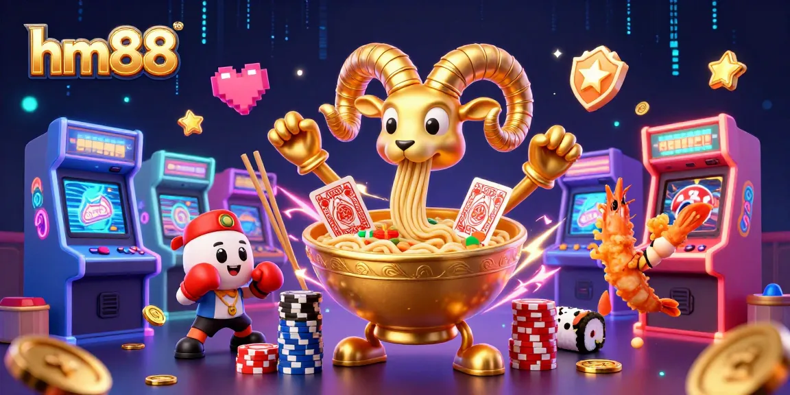 hm88 features a giant ramen bowl dealer in a vibrant casino-themed digital illustration.