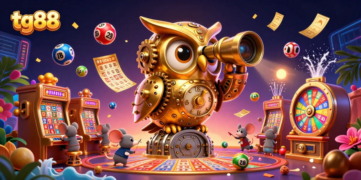 Bet on tg88 as a vibrant casino scene comes to life with golden owl and dynamic games.