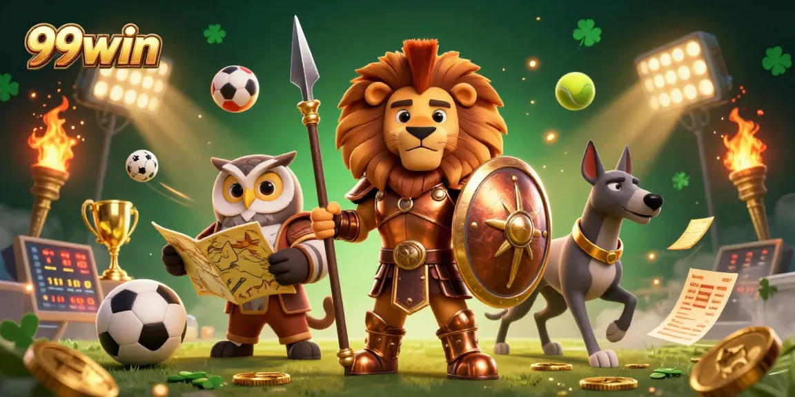 Engage with 99win's thrilling sports betting scene featuring dynamic sports balls and iconic characters.