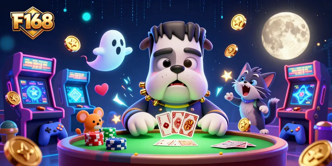 Engage with F168's thrilling casino action featuring cartoon characters in a vibrant gaming scene.