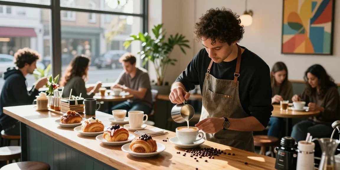 https://hm88.cafe/ Barista crafting latte art in a stylish café setting with fresh pastries.