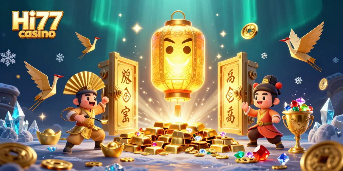 Experience the excitement of Hi77 casino with glowing spirits and treasure elements in a vibrant 3D illustration.