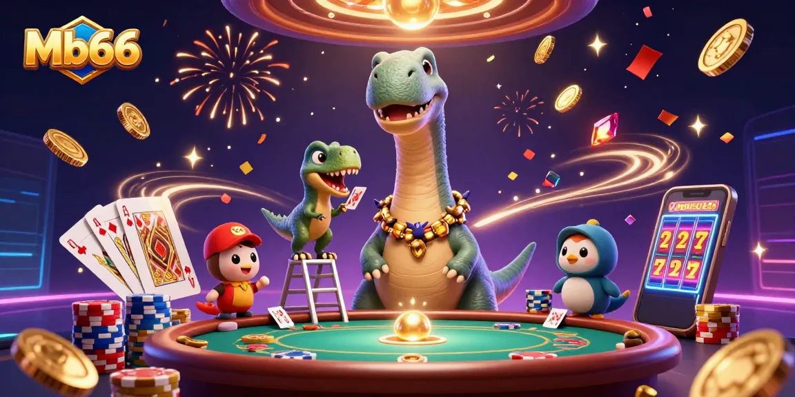 Engage in thrilling casino action with Mb66, featuring a whimsical dinosaur and clever raptor.