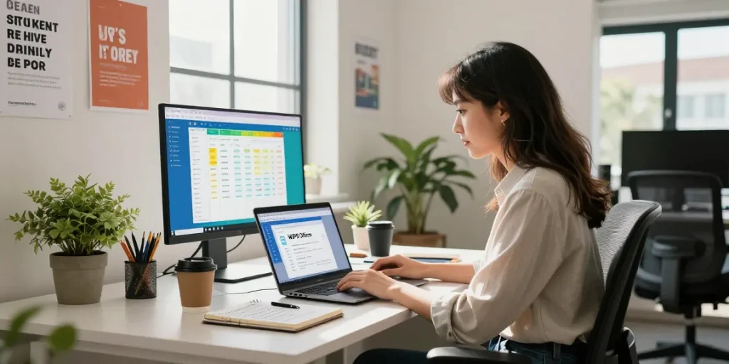 Download WPS Office in a modern office scene with a woman using productivity tools on her laptop.