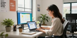 Download WPS Office in a modern office scene with a woman using productivity tools on her laptop.