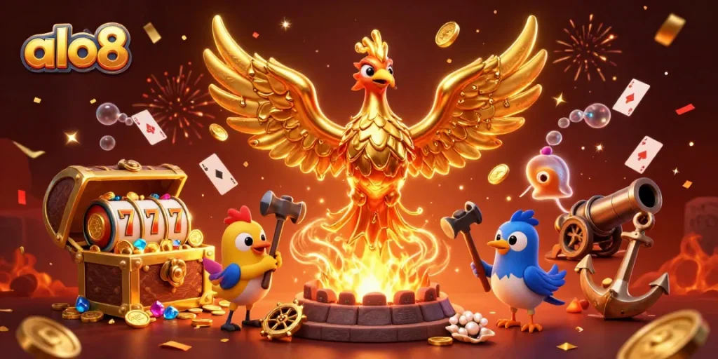 Embark on a winning adventure with ALO8's dazzling golden phoenix illuminating a thrilling casino scene.